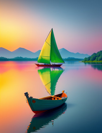 Sailing boat on the lake at sunset. Colorful landscape.の素材