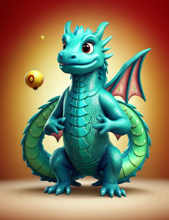Cartoon green dragon with ball on orange background, 3d renderingの素材