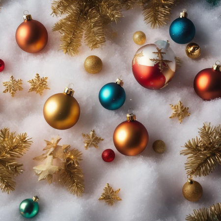 Christmas background with baubles, golden fir branches and snowflakesの素材