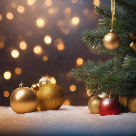 Christmas tree with golden balls on snow and bokeh lights backgroundの素材