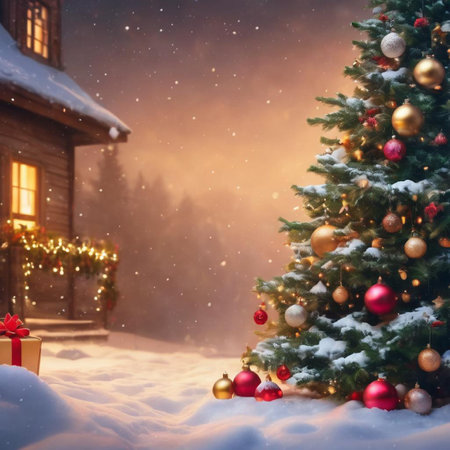 Christmas background with Christmas tree, gifts and decorations. Winter holiday concept.の素材