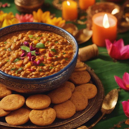 Spicy lentil curry in bowl on table with cookies and flowersの素材
