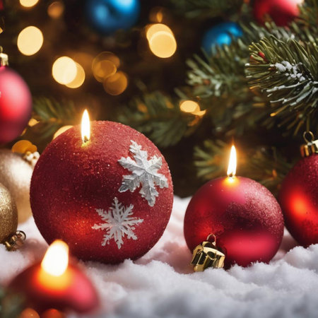 Christmas decoration with burning candles on snow and bokeh background.の素材
