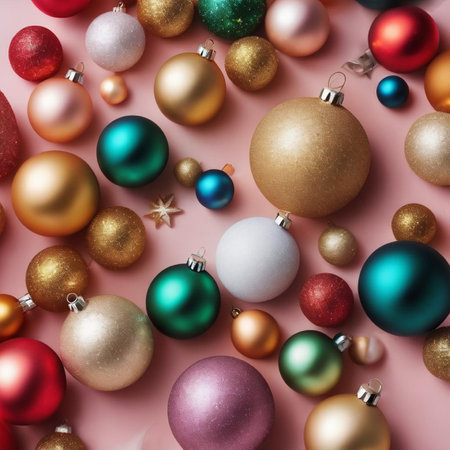 Colorful christmas balls on pink background. Flat lay, top viewの素材