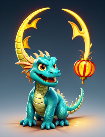 3d rendering of a cute chinese dragon with chinese lanternsの素材