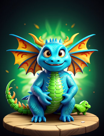 Fairy tale dragon on a wooden table, 3d illustration.の素材