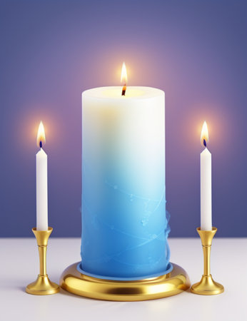 Burning candles in glass candlestick on white table with blue backgroundの素材