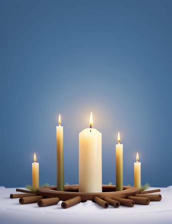 Three burning candles on a blue background with a place for your textの素材