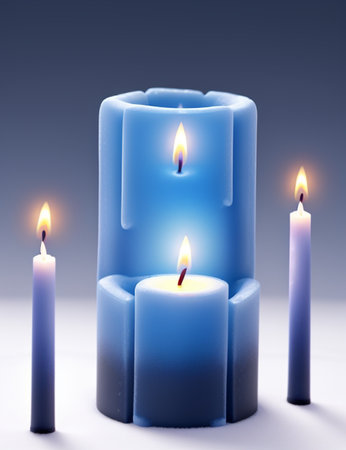 Three blue candles on a blue background, 3d rendering. Computer digital drawing.の素材