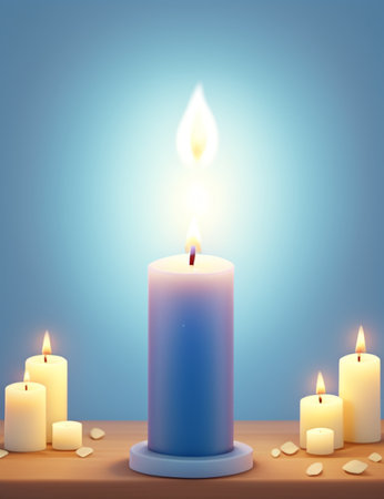 Illustration of a burning blue candle with candles on a blue backgroundの素材