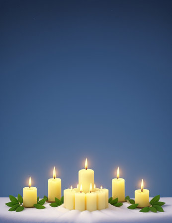 Burning candles on a blue background with space for your text.の素材