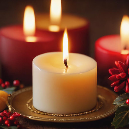 Burning candles with Christmas decorations on wooden background. Shallow dof.の素材