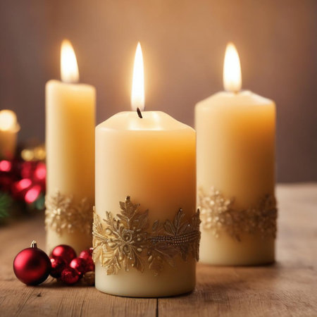 Christmas candles with ornaments on wooden table, on brown backgroundの素材