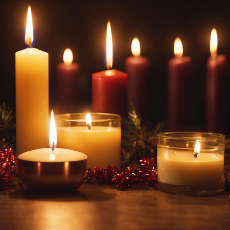 Burning candles and Christmas decorations on a dark background. Shallow depth of field.の素材