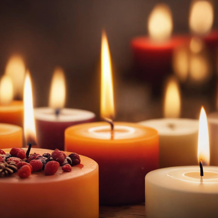 Burning candles with berries on wooden table. Shallow depth of field.の素材
