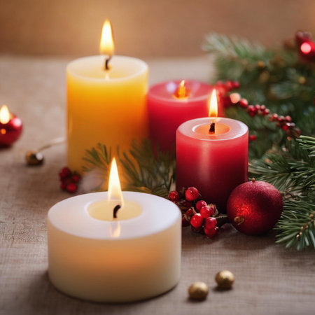 Burning candles with christmas decoration on rustic wooden background.の素材