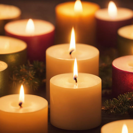 Christmas candles and fir tree branches on wooden background. Shallow depth of field.の素材