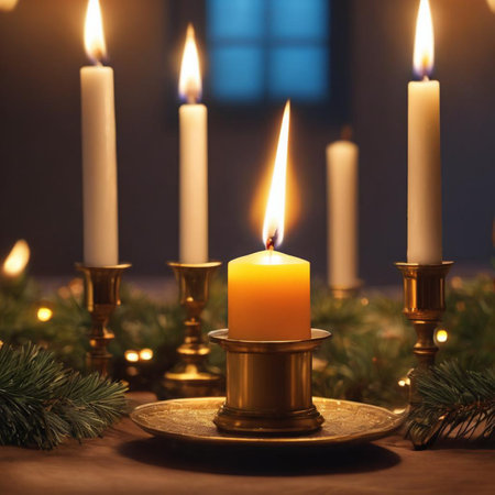 Burning candles in candlesticks on wooden table, closeupの素材