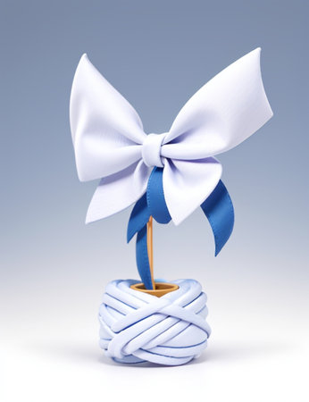 Blue ribbon bow on a white background. 3d illustration. Studio shot.の素材
