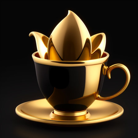 Golden cup of coffee on a black background. 3d illustration.の素材