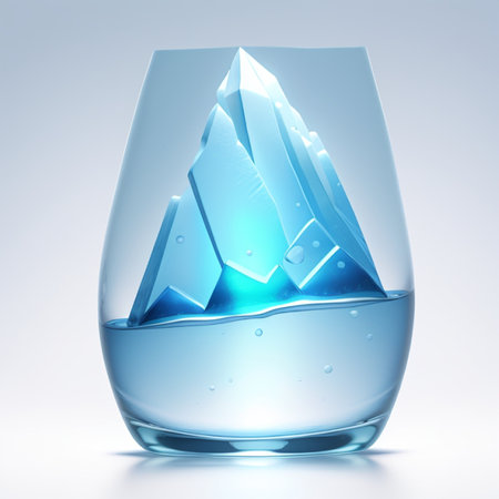Ice cubes in a glass of water. 3D illustration. Blue.の素材