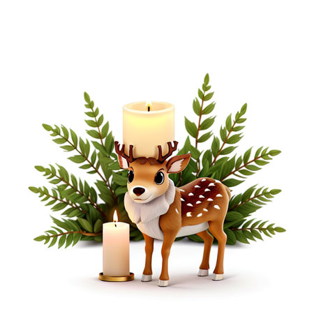 Cute deer with candle and green leaves on a white background.の素材