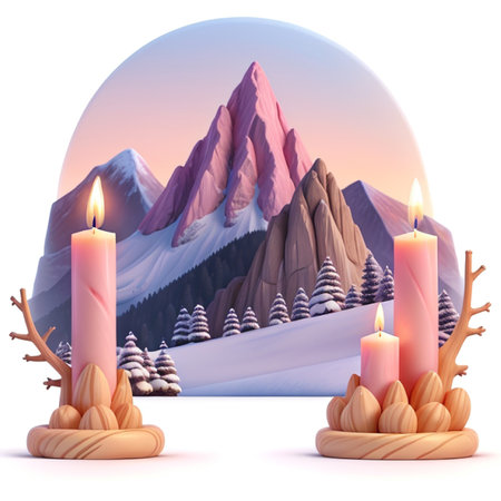 Winter landscape with candles and mountains in the background. 3D renderingの素材