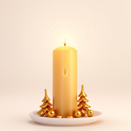 Christmas candle with fir tree and golden baubles. 3d renderの素材