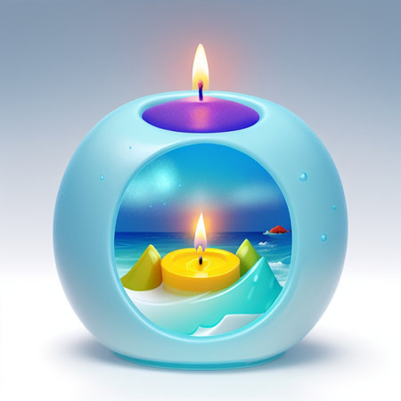 Illustration of a blue candle on a white background with a sea viewの素材