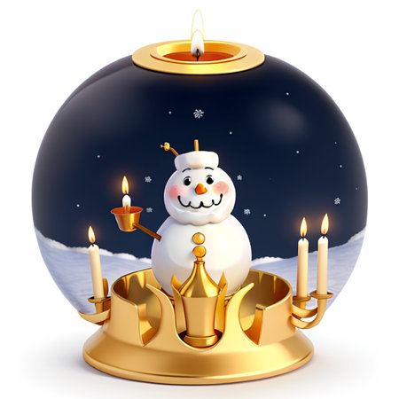 Snowman in a crystal ball with candles on a white background.の素材