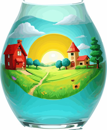 Illustration of a cartoon house in a glass jar with a green fieldのイラスト素材