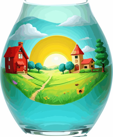 Ilustración de Illustration of a cartoon house in a glass jar with a green field - Imagen libre de derechos