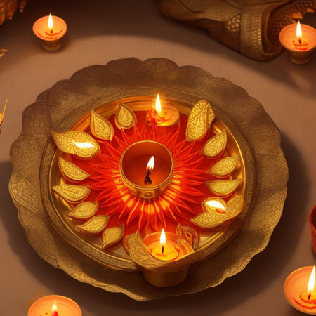 Beautiful Diwali diya lamps lit during Diwali celebrationの素材