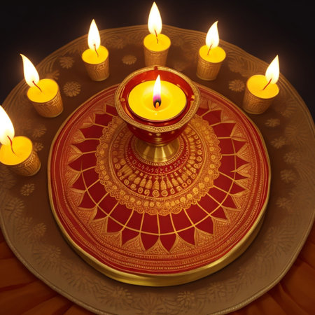 3d rendering of Diwali diya or oil lamp lit on colorful rangoliの素材