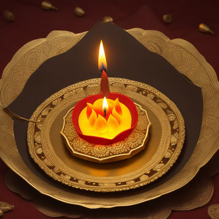 Indian festival Diwali, Diya oil lamps lit on colorful rangoli. Hindu traditional.の素材