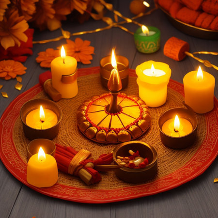 Indian Festival Diwali, Diwali or Deepawali background with burning candlesの素材