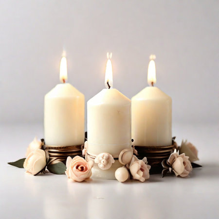Three candles with flowers on a white background. Close-up.の素材