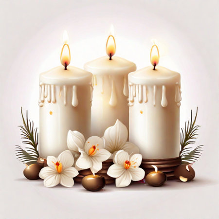 Three candles with flowers and leaves on a light background. Vector illustration.の素材