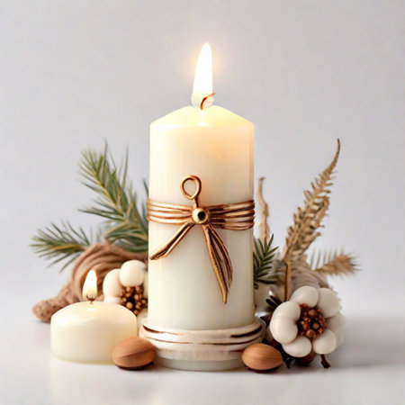 Christmas candle with fir branches and pine cones on a white background.の素材