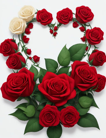 Heart of red roses with green leaves on white background. Love concept.の素材