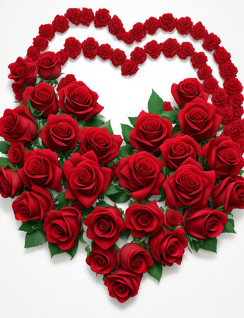 Red roses in heart shape on white background. 3D illustration.の素材