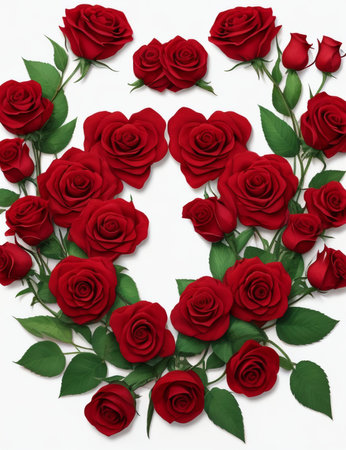 Red roses arranged in a circle on a white background with copy spaceの素材