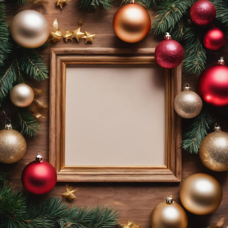 Christmas tree branches with red and golden baubles on wooden background. Top view.の素材