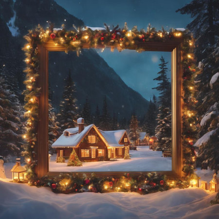 Christmas background with a wooden house in the mountains. Winter landscape.の素材