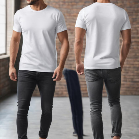 Man in blank t-shirt on blurred background, mockup for designの素材