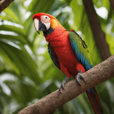 beautiful Scarlet macaw sitting on a branch in the rainforestの素材