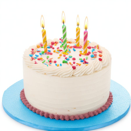 Birthday cake with candles isolated on white background. Shallow dof.の素材
