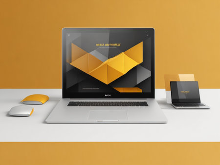 Laptop with envelope on the table. 3d rendering. Computer generated image.の素材