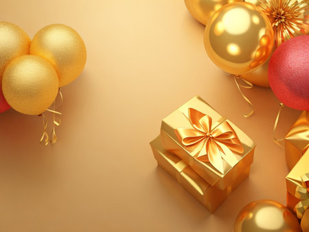 3d render of christmas background with golden gift box and balloonsの素材