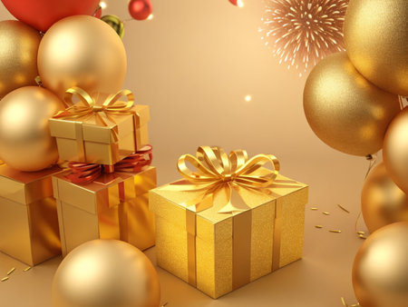3d render of christmas background with golden gift box and balloonsの素材